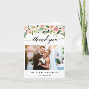 Modern Calligraphy Pink Floral Wedding Note Thank You Card
