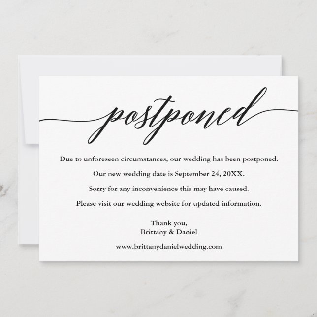 Modern Calligraphy Postponed New Wedding Date Card (Front)