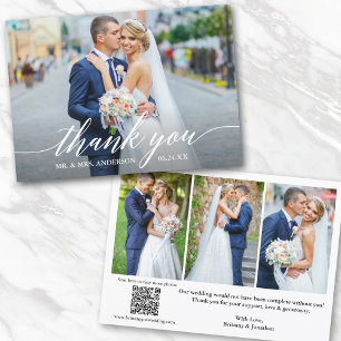 Modern Calligraphy QR Code 4 Photo Wedding  Thank You Card