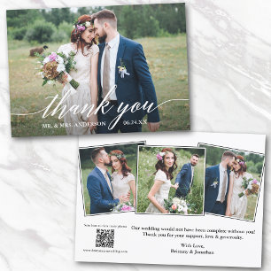 Modern Calligraphy QR Code 4 Photos Wedding Thank You Card