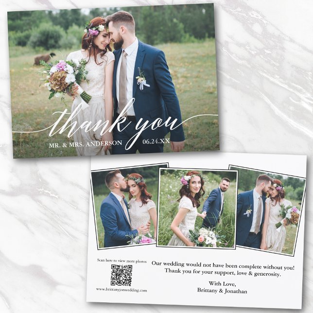 Modern Calligraphy QR Code 4 Photos Wedding  Thank You Card (Creator Uploaded)