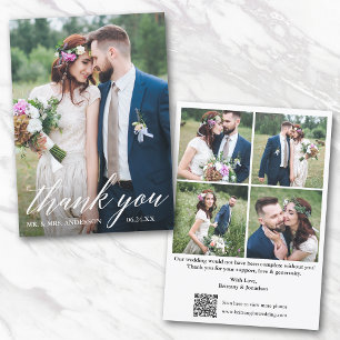 Modern Calligraphy QR Code 5 Photo Wedding Thank You Card