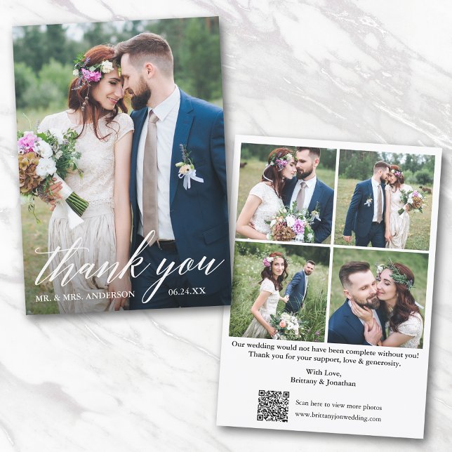 Modern Calligraphy QR Code 5 Photo Wedding Thank You Card (Add your wedding website link to the QR Code so guests can scan & view more of your photos online.)