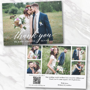 Modern Calligraphy QR Code 6 Photos Wedding Thank You Card