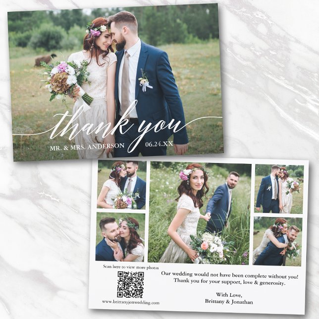 Modern Calligraphy QR Code 6 Photos Wedding Thank You Card (Add your wedding website link to the QR Code so guests can scan & view more of your photos online.)