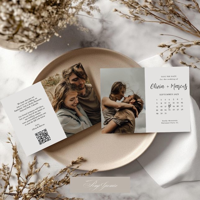 Modern Calligraphy QR Code Calendar Wedding Photo  Save The Date (Creator Uploaded)