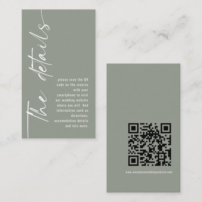Modern Calligraphy QR Code Sage Wedding Details Enclosure Card (Front/Back)