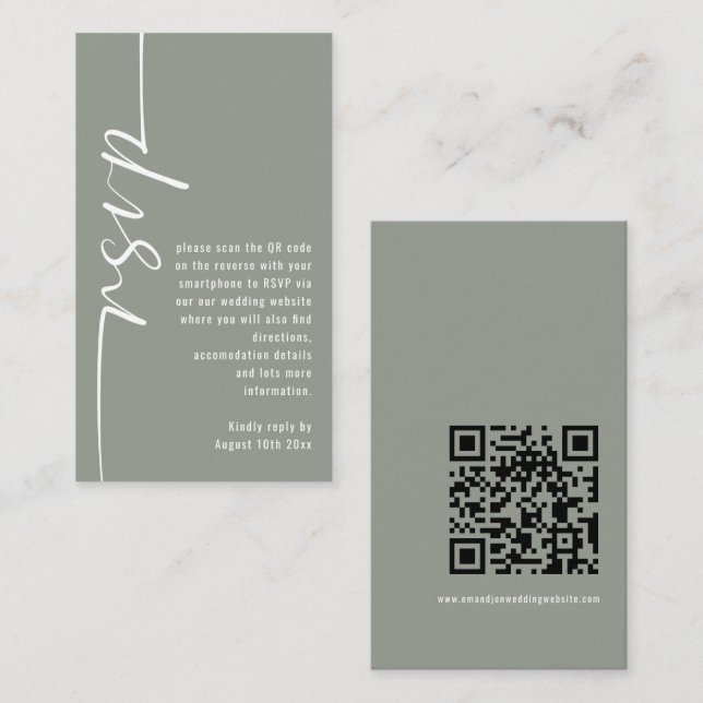 Modern Calligraphy QR Code Sage Wedding RSVP Enclosure Card (Front/Back)