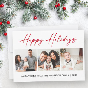 Modern Calligraphy Red Ink Script 3 Photo Holiday Card