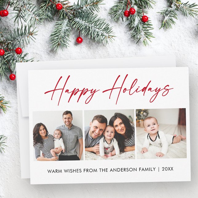 Modern Calligraphy Red Ink Script 3 Photo Holiday Card (Customize to change your personalized text size or style.)