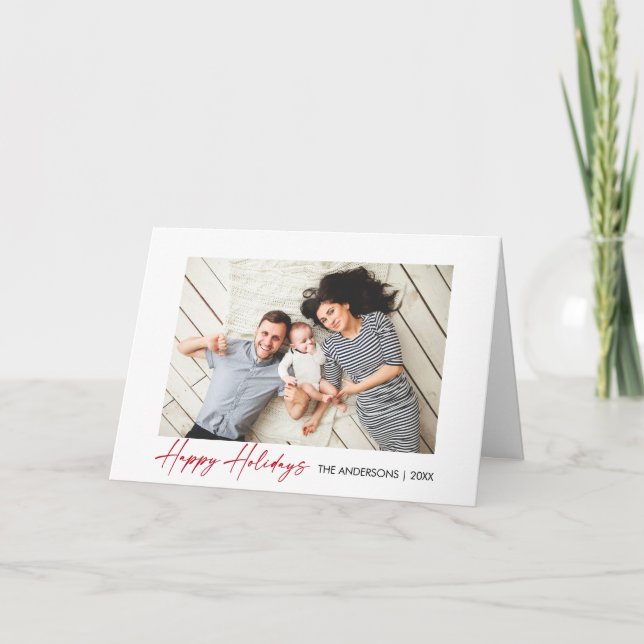 Modern Calligraphy Red Ink Script Folded Photo Holiday Card (Front)