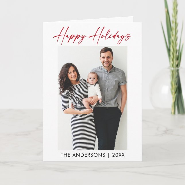 Modern Calligraphy Red Ink Script Photo Folded Holiday Card (Front)