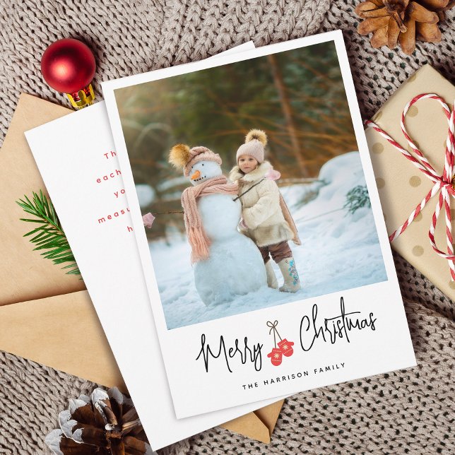 Modern Calligraphy Red Mittens Photo Flat Holiday Card (Modern Calligraphy Red Mittens Photo Flat Holiday Card)