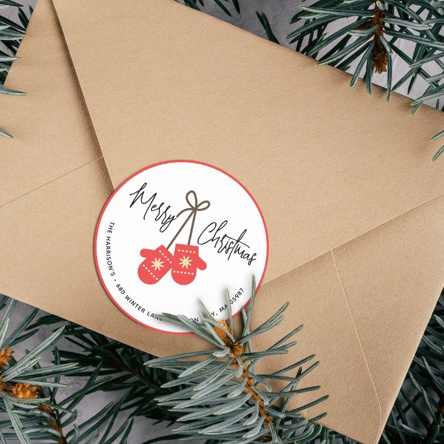 Modern Calligraphy Red Mittens Return Address Classic Round Sticker (Modern Calligraphy Red Mittens Return Address Classic Round Sticker)