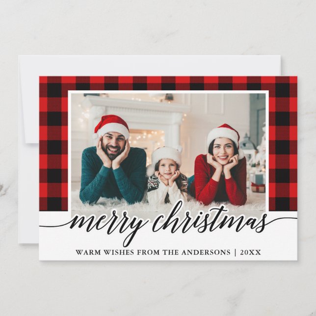Modern Calligraphy Red Plaid Photo Christmas Holiday Card (Front)