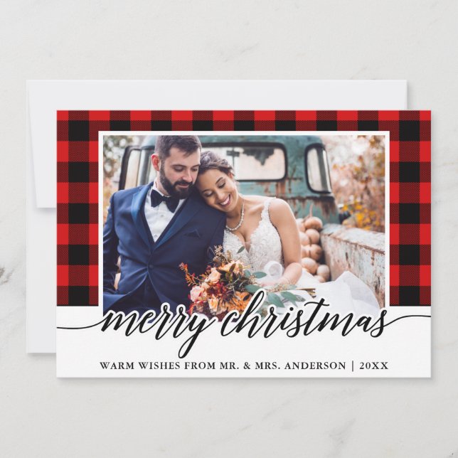 Modern Calligraphy Red Plaid Wedding Photo Holiday Card (Front)