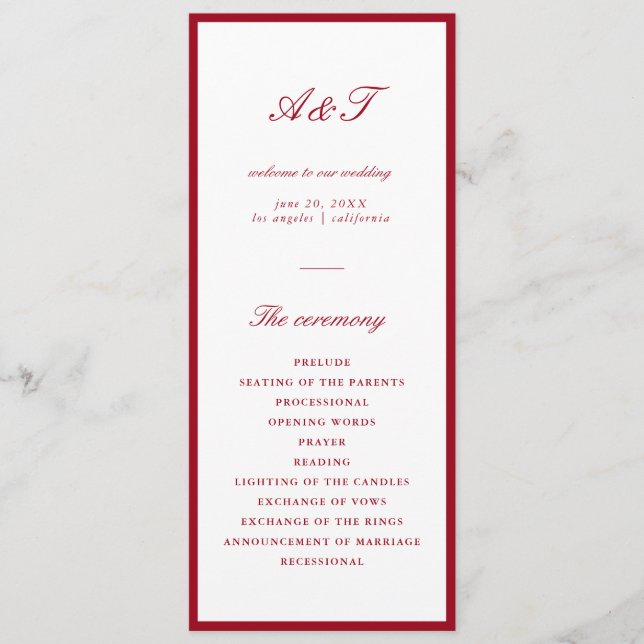Modern Calligraphy Red Wedding Program (Front)