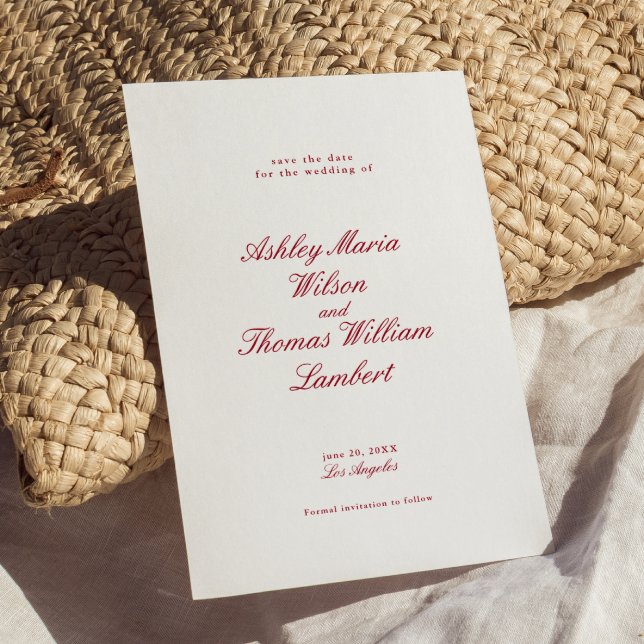 Modern Calligraphy Red Wedding Save the Date Invitation (Creator Uploaded)
