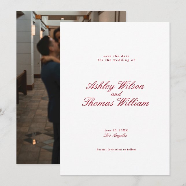 Modern Calligraphy Red Wedding Save the Date Invitation (Front/Back)