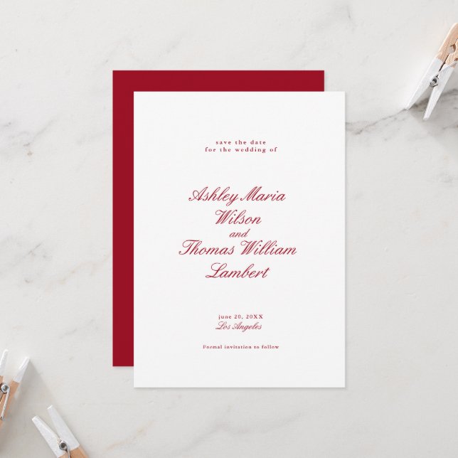 Modern Calligraphy Red Wedding Save the Date Invitation (Front/Back In Situ)