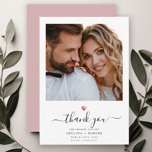 Modern Calligraphy Rose Gold Heart Wedding Photo Thank You Card