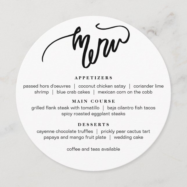 Modern Calligraphy Round Menu in black white (Front)