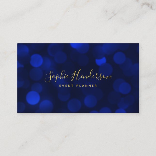 Modern Calligraphy Sapphire Blue Bokeh Lights Business Card (Front)