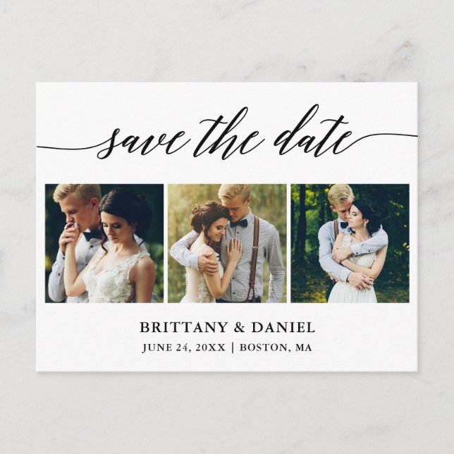 Modern Calligraphy Save The Date 3 Photo Announcement Postcard (Front)