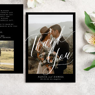 Modern calligraphy script 2 photos wedding Thank You Card