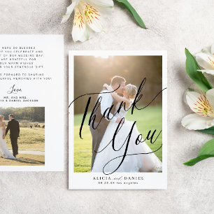 Modern calligraphy script 2 photos wedding Thank You Card