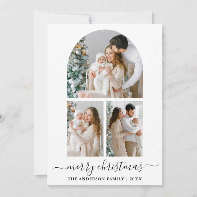 Modern Calligraphy Script 3 Photo Arch Christmas Holiday Card (Front)