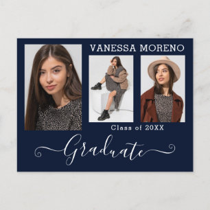 Modern Calligraphy Script 3 Photo Blue Graduation Postcard