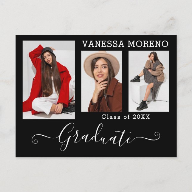 Modern Calligraphy Script 3 Photo BxW Graduation Postcard (Front)