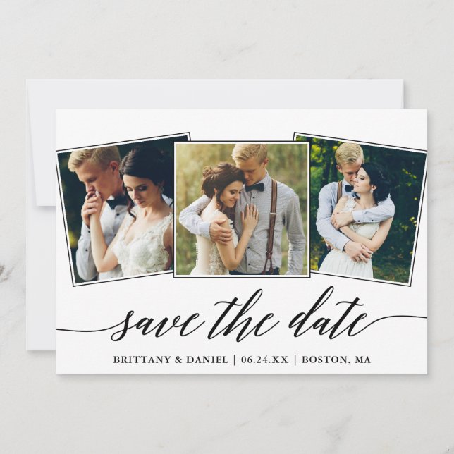 Modern Calligraphy Script 3 Photo Collage Save The Date (Front)