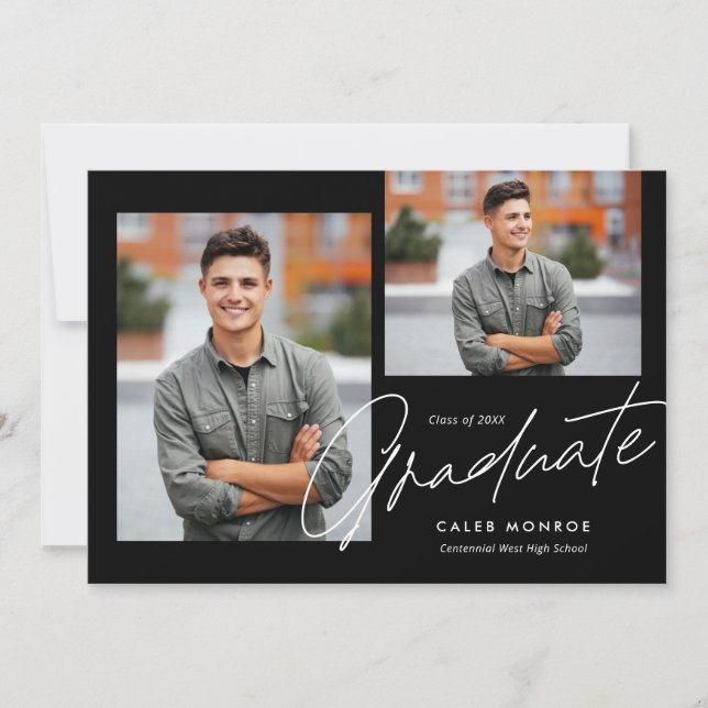 Modern Calligraphy Script 3 Photo Graduation  Announcement (Front)