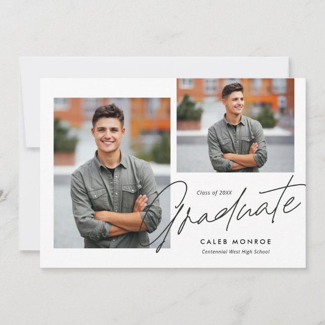 Modern Calligraphy Script 3 Photo Graduation  Announcement (Front)