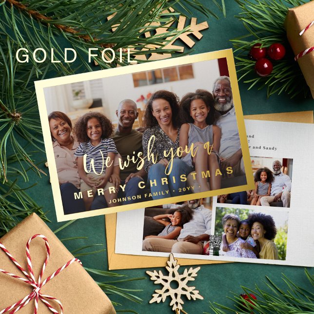 Modern calligraphy script 4 photo Christmas gold Foil Holiday Card (Creator Uploaded)