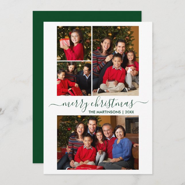 Modern Calligraphy Script 4 Photo Christmas Green Holiday Card (Front/Back)