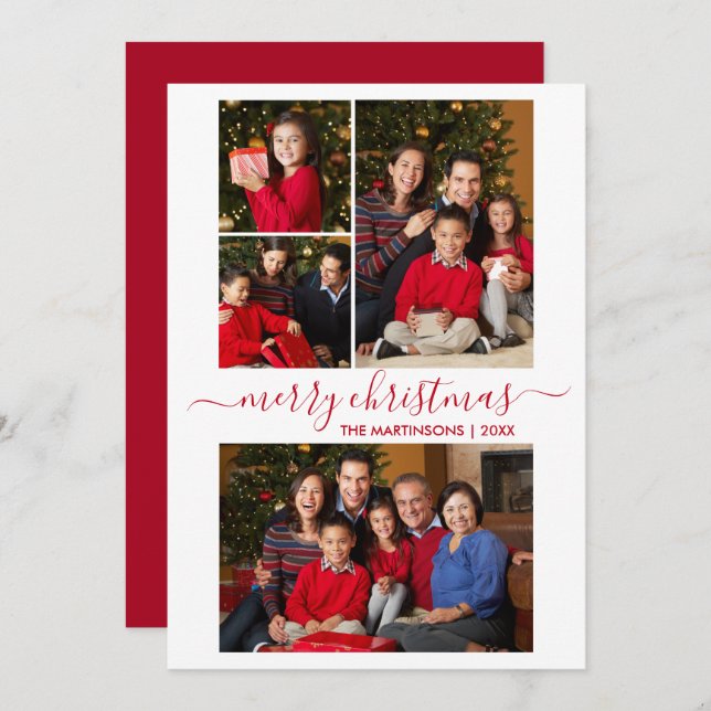 Modern Calligraphy Script 4 Photo Christmas Red Holiday Card (Front/Back)