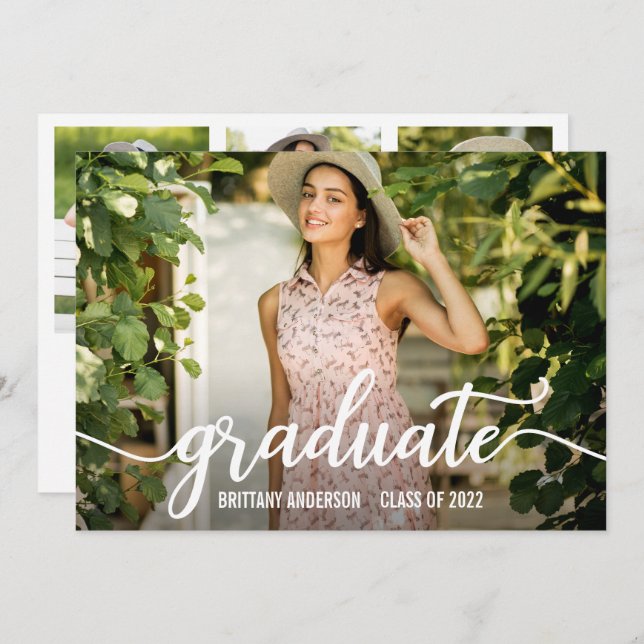 Modern Calligraphy Script 4 Photo Graduation Party Invitation (Front/Back)