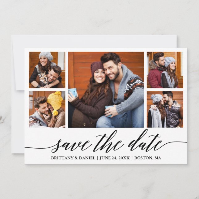 Modern Calligraphy Script 5 Photo Save The Date (Front)