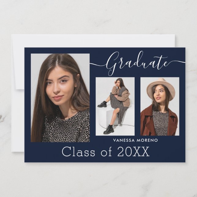 Modern Calligraphy Script Blue 3 Photo Graduation Announcement (Front)