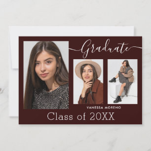 Modern Calligraphy Script Brgdy 3 Photo Graduation Announcement