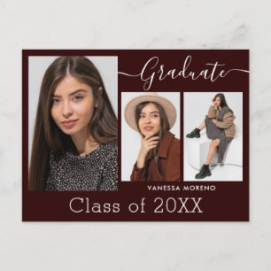 Modern Calligraphy Script Brgdy 3 Photo Graduation Postcard