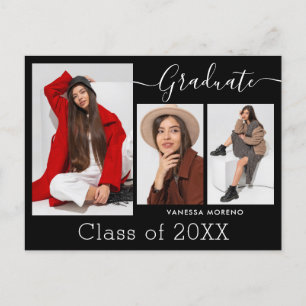 Modern Calligraphy Script BxW 3 Photo Graduation Postcard
