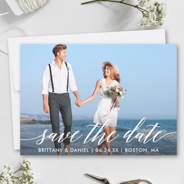 Modern Calligraphy Script Couple Photo Save The Date (Customize to change your personalized text size, style or to add more text & photos to back of card.)