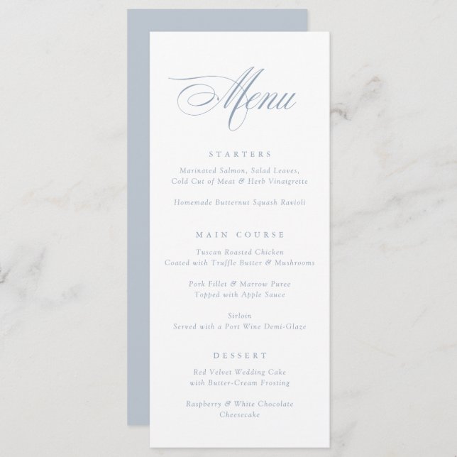 Modern Calligraphy Script Dusty Blue Wedding Menu (Front/Back)