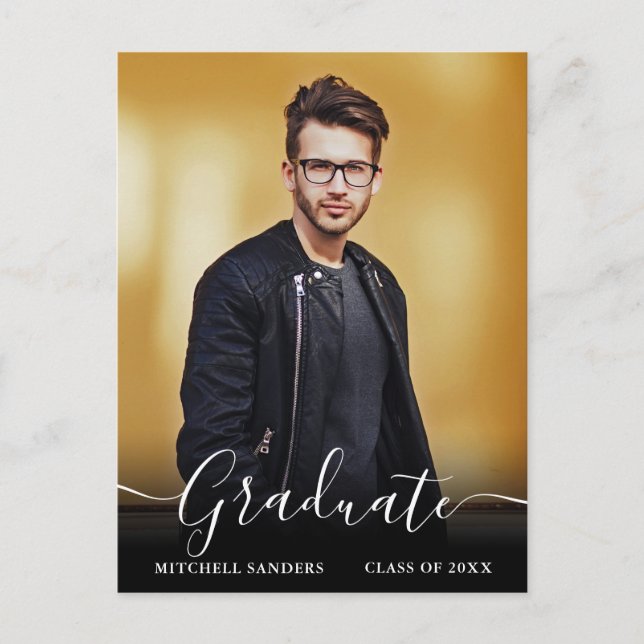 Modern Calligraphy Script Grad Photo Announcement Postcard (Front)