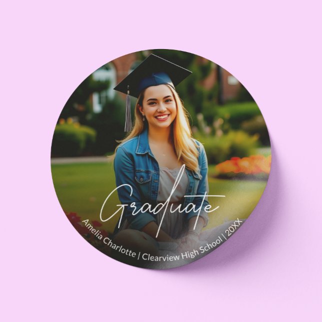 Modern Calligraphy Script Graduation Photo Classic Round Sticker (Creator Uploaded)