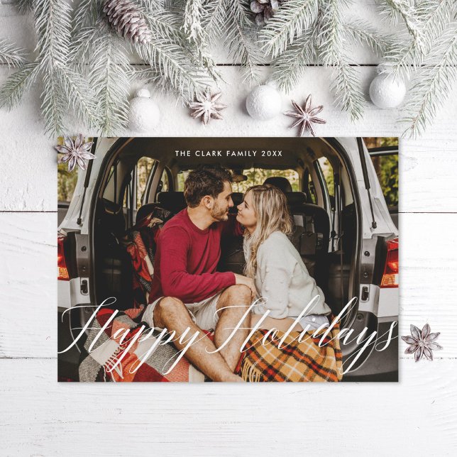Modern Calligraphy Script Happy Holidays Photo Red Holiday Card (Creator Uploaded)
